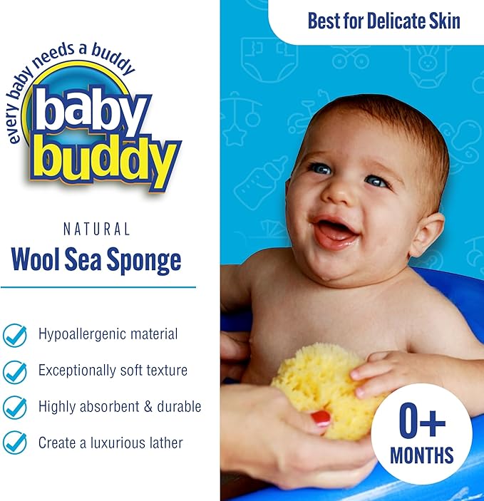 Baby Buddy Absorbent Natural Bath Sponge, Ultra Soft Premium Sea Wool Sponge, Soft on Baby's Tender Skin, Bath Accessories Baby and Kids, Infant Bath, Biodegradable, Hypoallergenic, 2pk, 4in