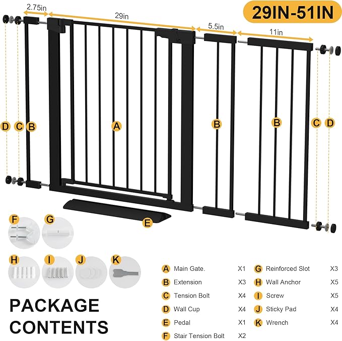 29-51 inches Extra Wide Metal Baby Gate for Stairs/Doorways, 30 inches Tall Pressure Mounted Pet Gates, Auto-Close Child Safety Gate, No Drilling Easy Walk-Through Dog Gate Indoor, Black
