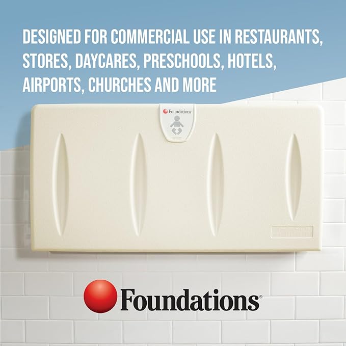 Foundations Classic Horizontal Baby Changing Station w/EZ Mount Backer Plate, Surface Mount, One Handed Adjustable Safety Strap & Liner Dispenser, Cream (5211089)