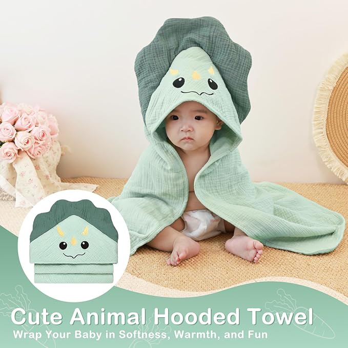 Unicorn Castle Hooded Baby Towels 2Pack 100% Muslin Baby Bath Towels for Newborn Animal Design Ultra-Soft Baby Girl Boy Bath Essentials 30 X 30 Inch,Green Dinosaur - Beige