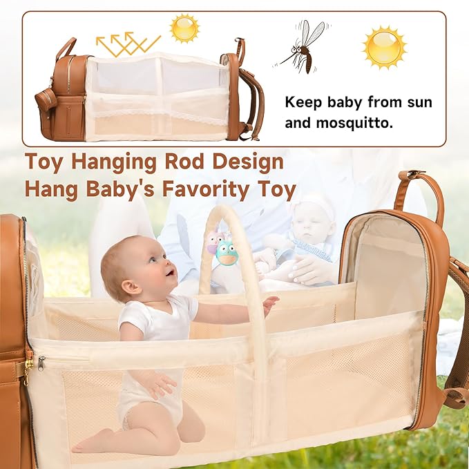 Leather Baby Diaper Bags with Changing Station,Extra large Capacity Baby Diaper Bag Backpack,Waterproof Baby Essentials(Brown)