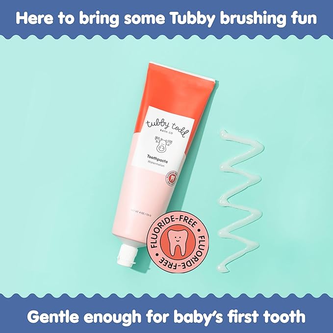 Tubby Todd Fluoride Free Kids Toothpaste - Made with Xylitol - Safe Toothpaste for Baby, Toddler, Infant & Children - 4oz, 2 Pack - Watermelon Flavor