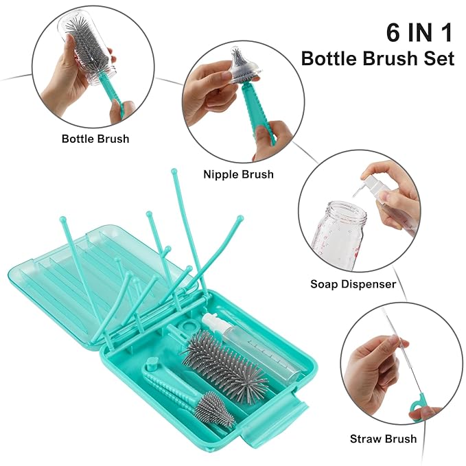 6 in 1 Bottle Brush Set,Bottle Cleaner Brush Kit with Bottle Brush,Drying Rack,Nipple Brush,Straw Brush,Soap Dispenser&Storage Box,Portable Baby Essentials for Home&Travel
