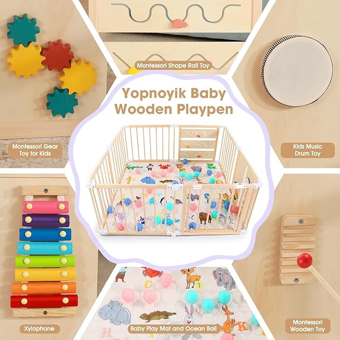 Foldable Wooden Baby Playpen with Soft Play Mat, Adjustable Playpen for Babies and Toddlers with 36 Colorful Balls, Portable Baby Fence Play Area Activity Center with Gate for Toddlers(56x56x23inches)