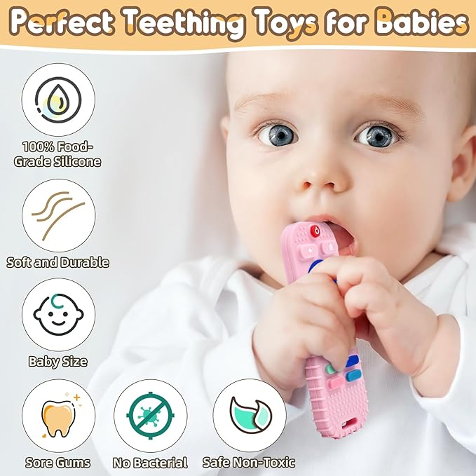 AiTuiTui Baby Teething Relief Sensory Chew Toys for 3 6 9 12 Months, Silicone Infant Teether Remote Control Bath Toy for Newborn Toddlers Boy Girl Autism Baby Shower Birthday Gifts, Dark Pink