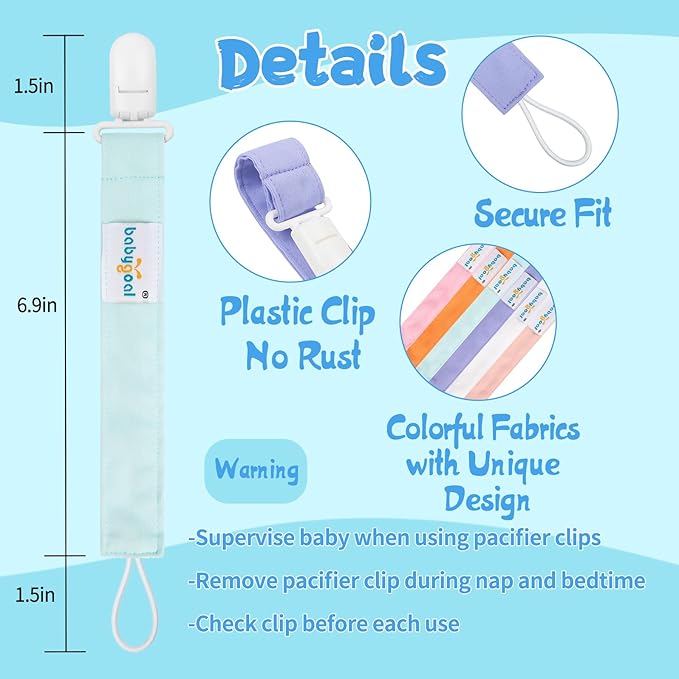 babygoal Pure Color Pacifier Clips, 6 Pack Binky Paci Holder Clips Leashes Fits for Most Pacifiers and Binkies 6PS23