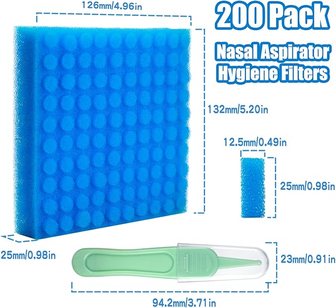 200-Pack of Premium Nasal Aspirator Hygiene Filters, Replacement for Baby Nasal Aspirator Filters, BPA, Phthalate & Latex-Free with Nose Cleaning Tweezer
