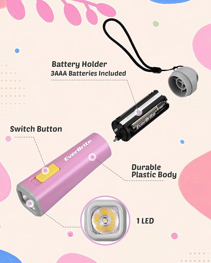 EverBrite Small Flashlight, Mini LED Flashlight, Plastic Torch Use for Emergencies, Camping, Outdoor with Lanyard 3AAA Battery Included, Pink