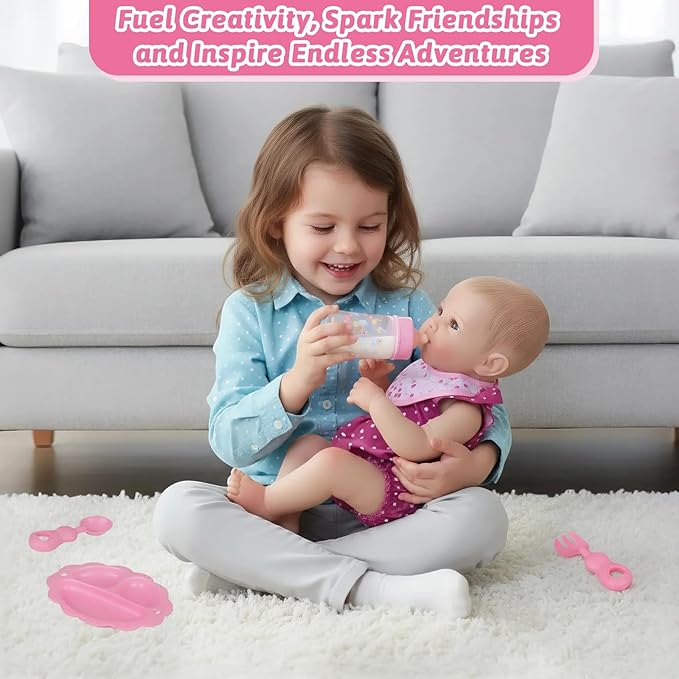 Baby Doll Accessories Set – 7 Pcs Feeding Bottle Toys, Magic Disappearing Milk & Juice, Pretend Play Set with Pacifiers, Reusable Bibs and Diapers, Kids Gift