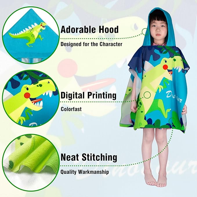 Hooded Kids Beach Towels - Toddler Bath Towel Girls Boys Swim Cover-ups for Ages 1 to 6 Kids Pool Towels Quick Dry Lightweight Soft Microfiber Poncho Towel 24x23(Dino Jungle)
