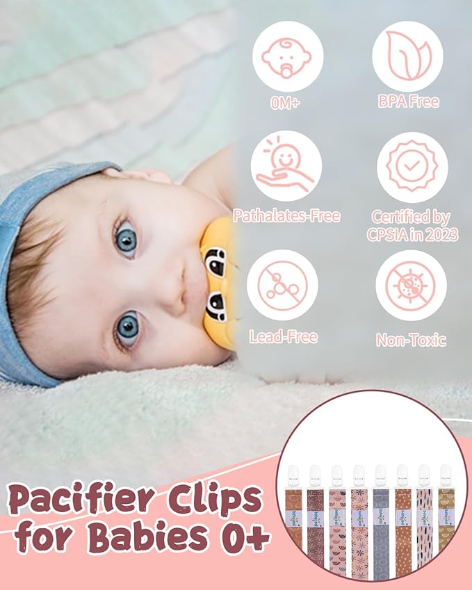 babygoal Baby Pacifier Clips 8 Pack, Pacifier Holder Clips Fits for Most Pacifier and Binkies-Neutral Color 8PB25