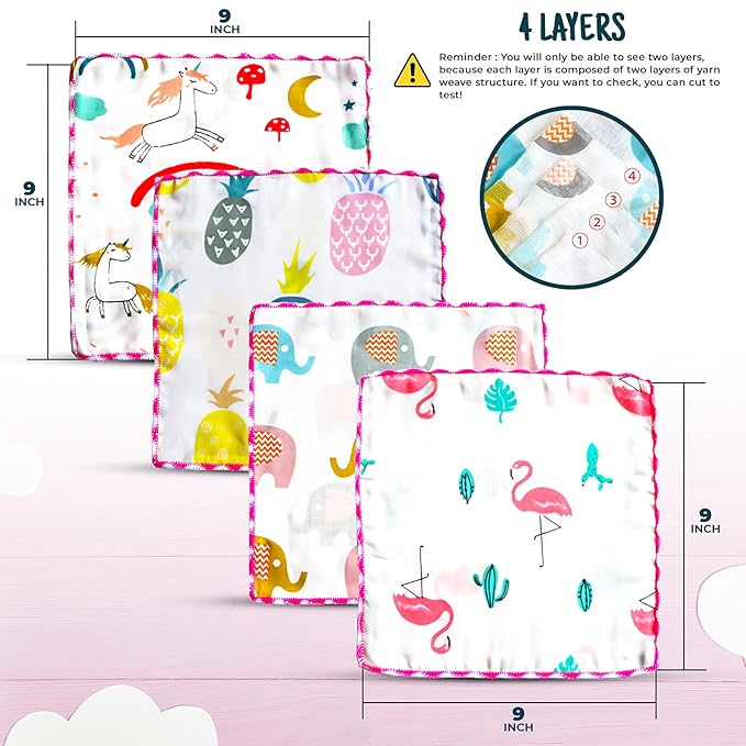 Omilion Muslin Baby Washcloths Set(12-Pack), Natural Cotton Infant Bath Towel, Soft Toddler Face Towel Gift Registry Newborn Baby Shower, 9x9 Inches, Tropical Rainforest (Square)