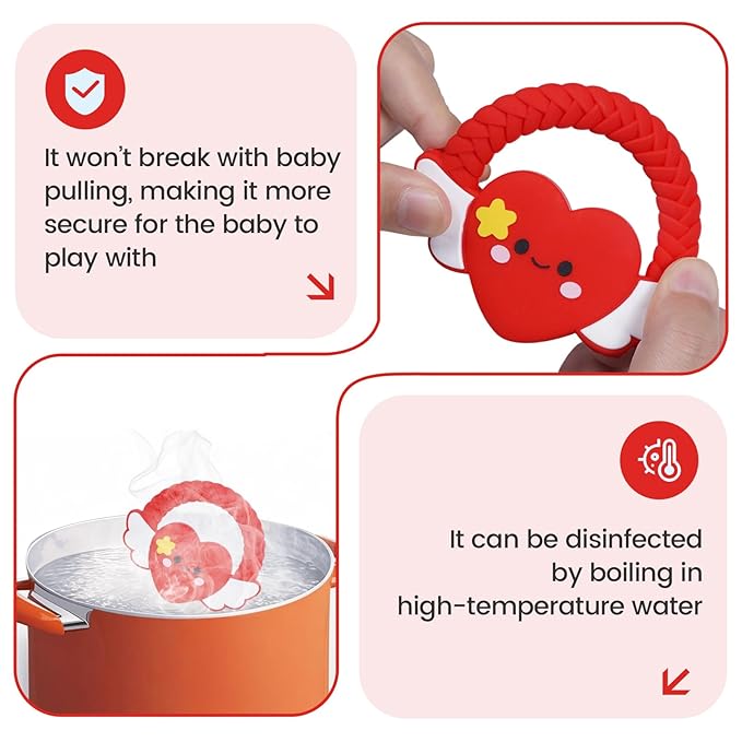 Silicone Baby Teether Ring Toy,Must Haves Teething Relief Chew Toys for 0-6,6-12 Months Boys and Girls,Newborns Essentials,Safe and Soft,BPA Free. (Red Heart)