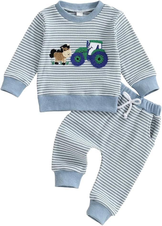 Toddler Baby Boy Fall Winter Outfits Tractor Print Long Sleeve Sweatshirt Pants Set Kids Sweatsuit Clothes