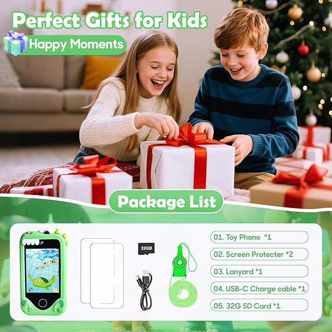 Kids Smart Phone for Boys, Dinosaur 2.8“ Touchscreen Toy Phones Christmas Birthday Gift for Boy Ages 3-9, Toddler Play Learning Cell Phone with Dual Camera, Game, MP3 Player, 32GB Card, Green
