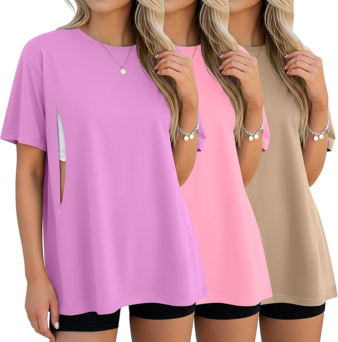 3 Pack Women's Oversize Nursing Breastfeeding Shirts Hidden Zipper Short Sleeve Loose Fit Maternity Tops
