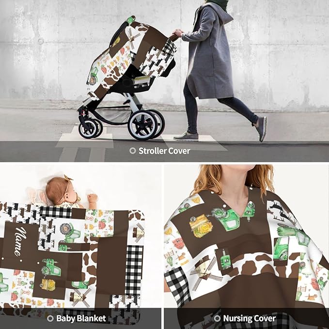 Personalized Farm Theme Baby Car Seat Canopy for Babies with Name, Custom Tractors Green Car Seat Covers for Girls Boys, Opening Minky Nursing Breastfeeding Cover Infant Carseat Canopies for Newborn