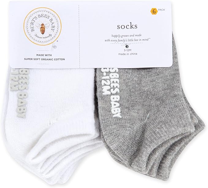 Burt's Bees Baby Baby Girls' Ankle Socks with Non-Slip Grips (6-Pack)