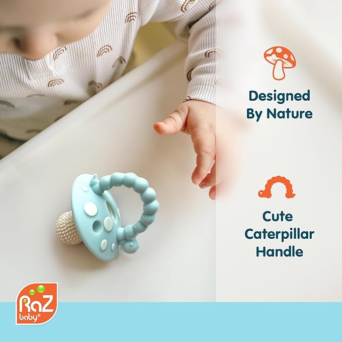 RaZbaby Soft Silicone Infant & Baby 3M+ Teether Toy Massaging Bristles Teething Relief Pacifier - Soothes Sore Gums - Hands-Free & Easy-to-Hold Chompy Teether, BPA Free (RED/Lavender)