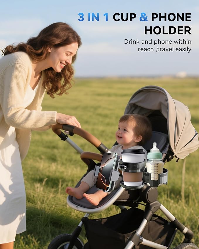 3-in-1 Universal Wheelchair Cup Holder for Walker, 360° Rotating Phone Holder with 2 Drink Holder for Bike, Rollator, Stroller, Scooter, Seniors, Bicycle, Safe and Stable, Black