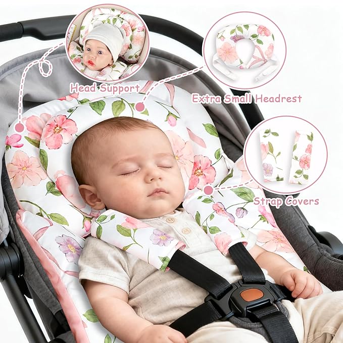 Infant Car Seat Insert with Removable Cushion for Baby Girls, Reversible Newborn Carseat Insert for Baby Head Body Support, Fits for Stroller, Baby Swing, Bouncer (Pink Bow)