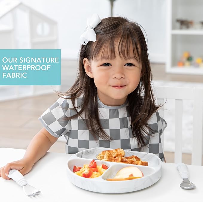 Bumkins Short Sleeve Bib for Girl or Boy, Toddler and Kids for 1-3 Years, Large Size, Essential Must Have for Junior Children, Eating, Mess Saving Soft Fabric Apron for Play, Charcoal Check