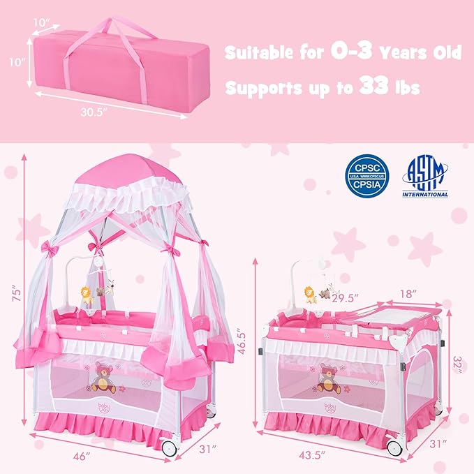 BABY JOY 4 in 1 Pack and Play with Canopy, Portable Baby Playard with Bassinet, Double-Layer Baby Crib, Wheels & Brake, Foldable Baby Girl Pink Princess Bassinet from Newborn to Toddler
