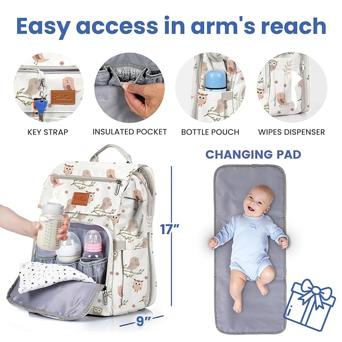 PILLANI Baby Diaper Bag Backpack - Large Bag for Boys & Girls, Waterproof Diaper Backpack - Travel Diaper Bags w/Changing Pad, Baby Registry Search & Shower Gifts - Essentials Must Haves Newborn Stuff