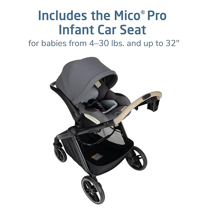 Maxi-COSI Zelia Pro 5-in-1 Travel System with Mico Pro Infant Car Seat, Baby Stroller Combo, Reversible Seat, Large Wheels, Adjustable Handle, Newborn to Toddler, Lightweight, Sea Salt