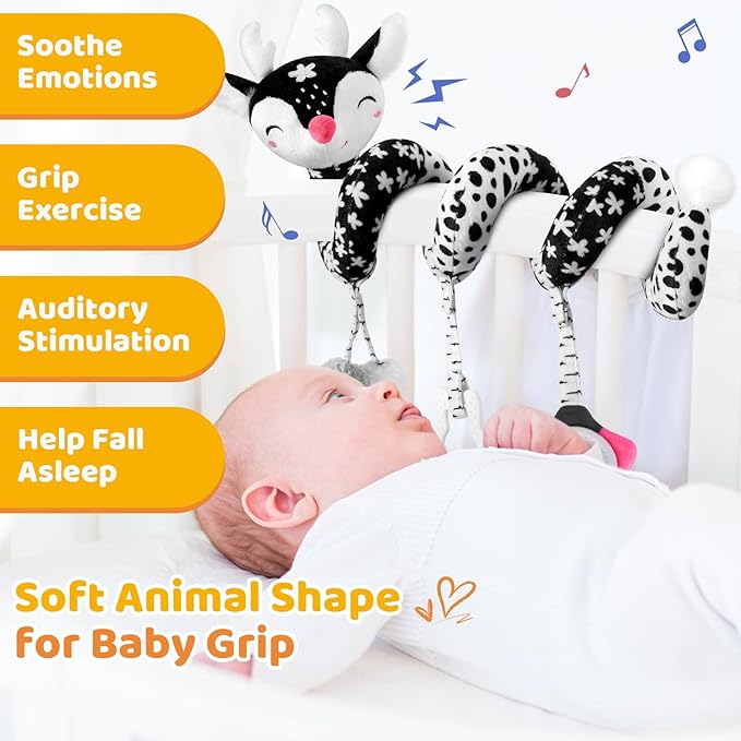 Car Seat Toys for Babies 0-6 Months Boy&Girl, Carseat Toys Hanging Black and White High Contrast Toy for Baby 0-3 Months, Spiral Activity Plush Toys Stroller Toys for 0 3 6 9 12 Months Baby Ideal Gift