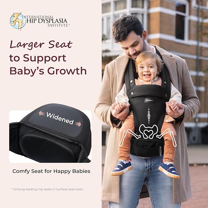 Momcozy Baby Carrier with Hip Seat, 2-in-1 Forward-Facing Carry for Active Babies, Detachable Hands-Free Infant Carrier up to 44lbs, All Seasons Toddler Carrier Fits Waist Sizes up to 45 Inches, Black