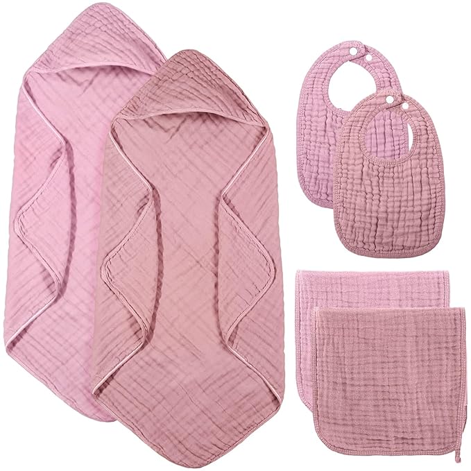 6 Pcs Muslin Hooded Bath Towels Washcloths and Bibs Set, Muslin Cotton Baby Towels Absorbent Hooded Blanket Towel Infant Bibs for Boys Girls Newborn Infant Essential(Pink,Rose)