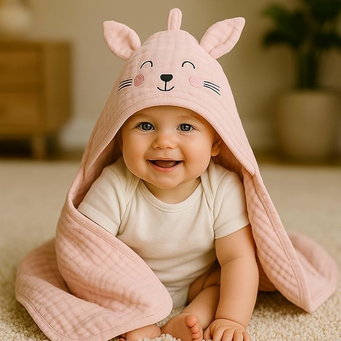 Chungie Soft Muslin Hooded Baby Towels 32x32 inches – 100% Cotton, 6-Layer Breathable Newborn Bath Towels with Hood, Pack of 2 (Printed + Embroidered)