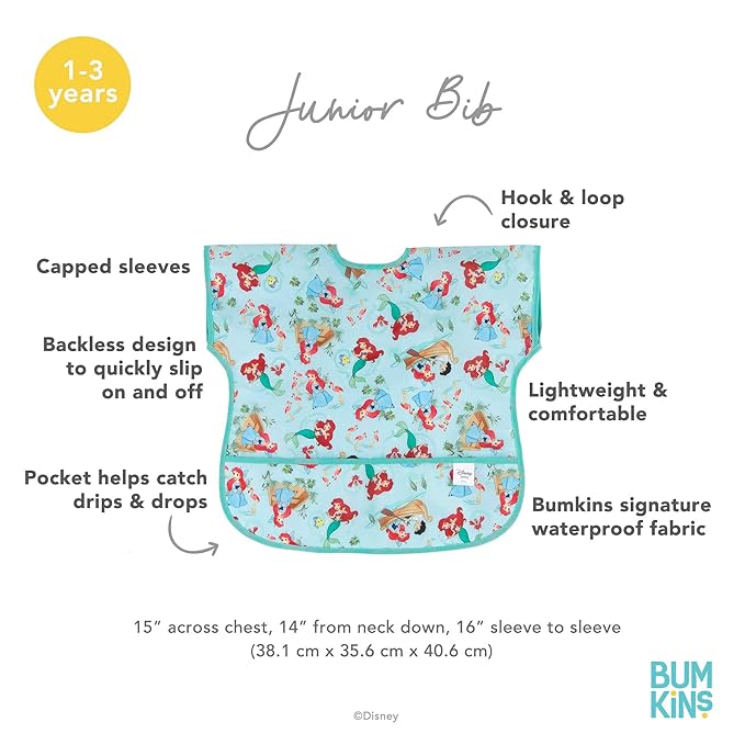 Bumkins Disney Short Sleeve Bib for Girl or Boy, Toddler and Kids for 1-3 Years, Large Size, Essential Must Have for Junior Children, Eating, Mess Saving Soft Fabric Apron for Play, Ariel