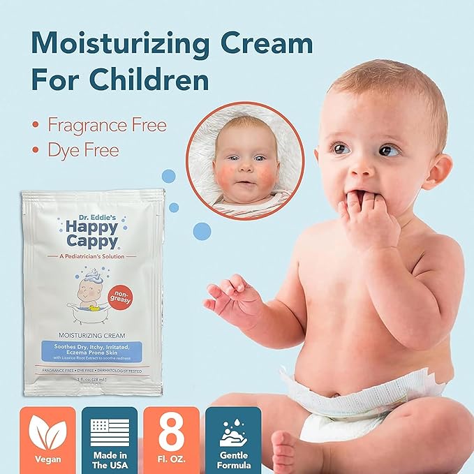 Happy Cappy Moisturizing Cream - Baby Cream for Eczema-Prone Skin, Dry Skin Lotion for Infants, Toddlers, & Kids, Pediatrician-Formulated, Sulfate Free - Travel-Size Packets, 1 Fl Oz (Pack of 8)