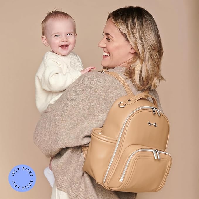 Itzy Ritzy Mini Diaper Bag Backpack – Chic, Compact Mini Plus Backpack with Changing Pad, 10 Pockets (6 Internal, 4 External), Grab-Top Handle & Rubber Feet (Chai)