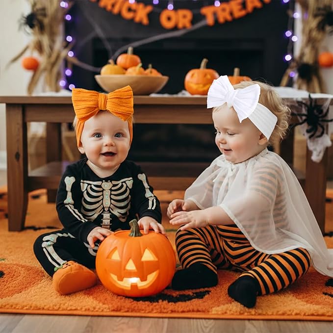 Halloween Baby Girl Bows Newborn Headband Stretchy Double Bows Soft Infant Toddlers (Red& White& Orange)