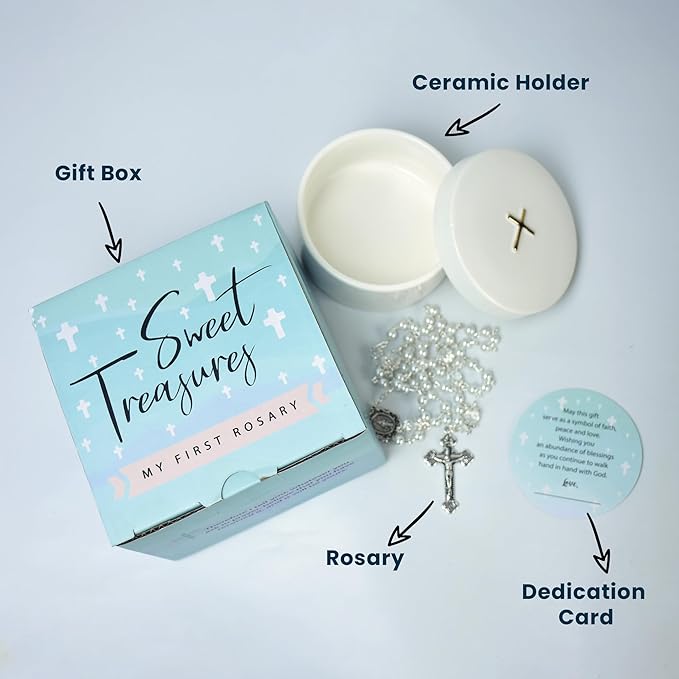Sweet Treasures Gift – Baptism Gifts for Boys and Girls, First Rosary with Ceramic Keepsake Box and Card, Catholic First Communion Gift, Christening and Baby Shower Rosary Beads, White