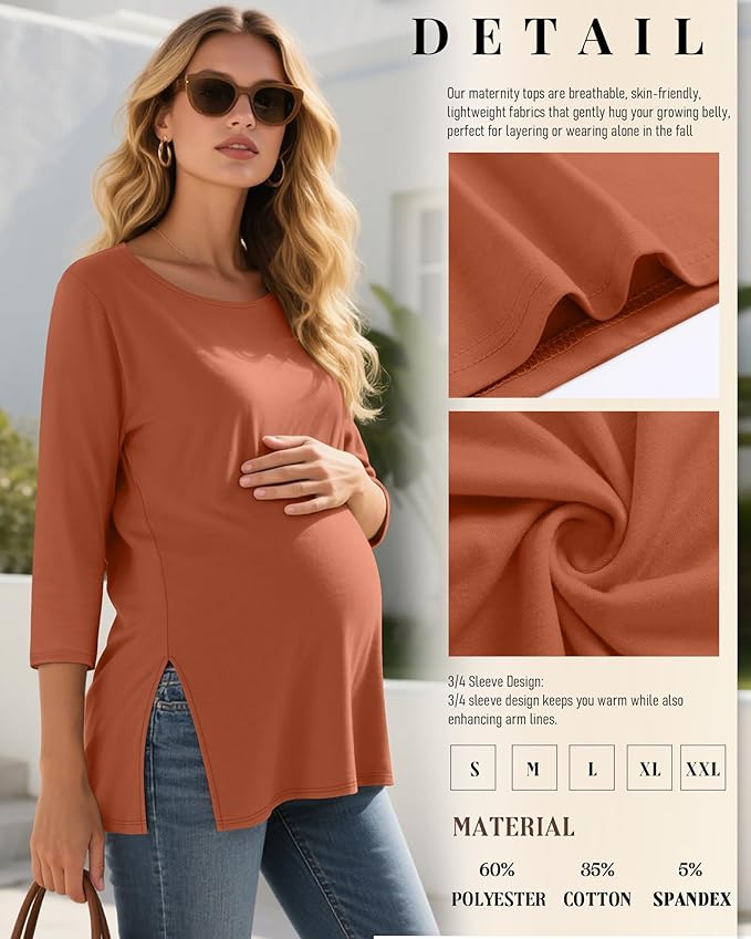 3 Pack Women's 3/4 Sleeve Maternity Shirts Elbow Length Clothes Round Neck Tunics Pregnancy Loose Side Split Tops