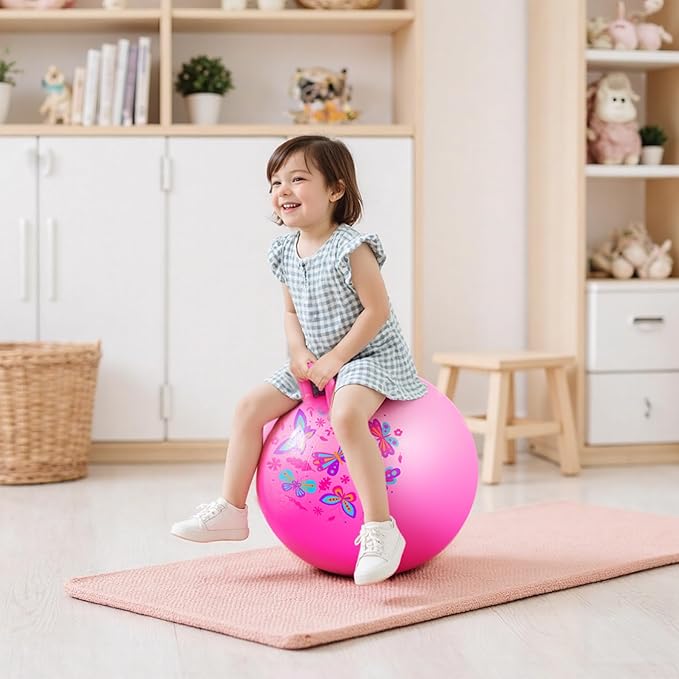 EVERICH TOY Hopper Ball, Pink Butterfly Hopping Toys for Kids, 20 Inch Bouncy Ball with Handle, Indoor Outdoor Inflatable Hippity Hop Toy for Girls Boys Gift with Free Christmas Accessories