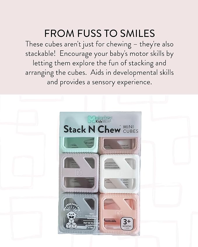 Malarkey Kids Stack N Chew - Mini Cubes Baby Chew Toy Monochrome - Develops Fine Motor Skills, Increases Grip Strength, Stimulates Hand-Eye Coordination (Pastel)