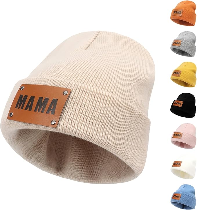 Personalized Name Baby Beanie Hat Leather Patch - Apricot Beanies Knit Hat Birthday Gifts for Kids Toddler to Adults