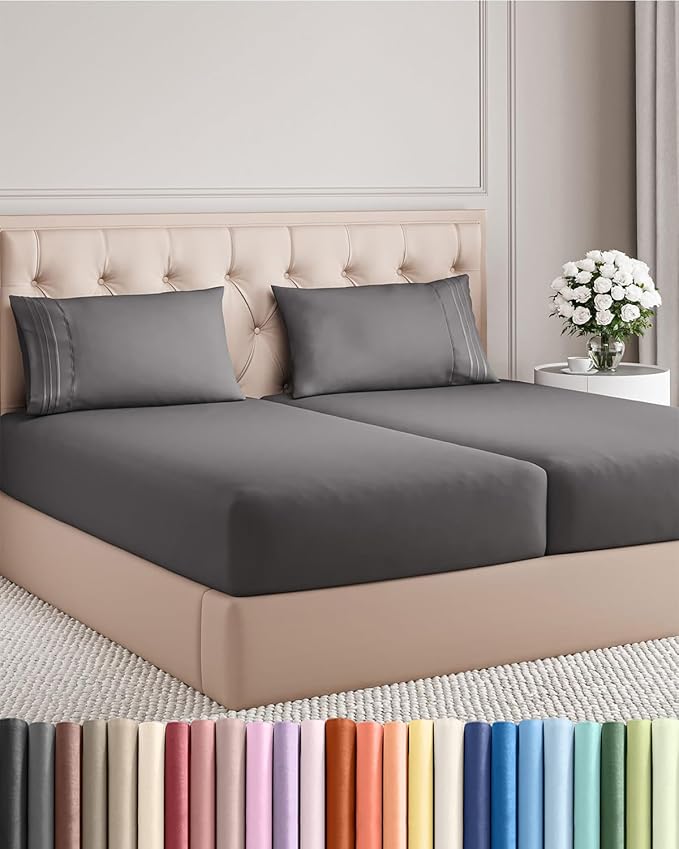 Split King Size 5 Piece Sheet Set - Comfy Breathable & Cooling Bed Sheets Set - Hotel Luxury Bedding for Women, Men, Kids, Teens, Boys & Girls - Deep Pockets, Soft, Wrinkle Free - Oeko-Tex - Dark Grey