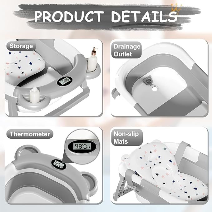 TPN Collapsible Baby Bathtub, Baby Bath Tub with Soft Cushion & Real-Time Thermometer, Baby Bathtub Infant to Toddler Tub (0-36 Months), Portable Newborn Travel Bath Tub