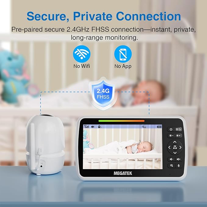 MEGATEK BabyView Video Baby Monitor with Camera and Audio, 5” Screen, Pan-Tilt-Zoom, No-WiFi 2.4GHz Wireless, 30-Hour Battery, Night Vision, 2-Way Talk, VOX, Lullabies, Timer, Temperature Alerts