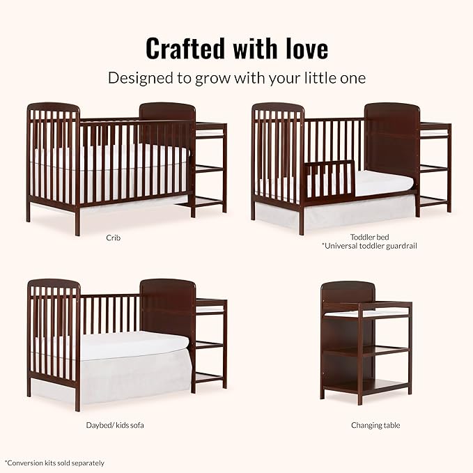Dream On Me Anna 3-in-1 Full-Size Crib and Changing Table Combo in Espresso, Greenguard Gold Certified, Non-Toxic Finishes, Includes 1" Changing Pad, Wooden Nursery Furniture