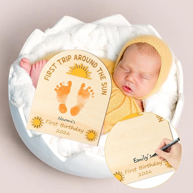 R HORSE 3D Baby's First Birthday Sunshine DIY Footprint or Handprint Art Sign, First Trip Around The Sun Wooden Hanging Decoration, Newborn Keepsake Craft Gift for 1st Birthday Baby Shower Photo Prop
