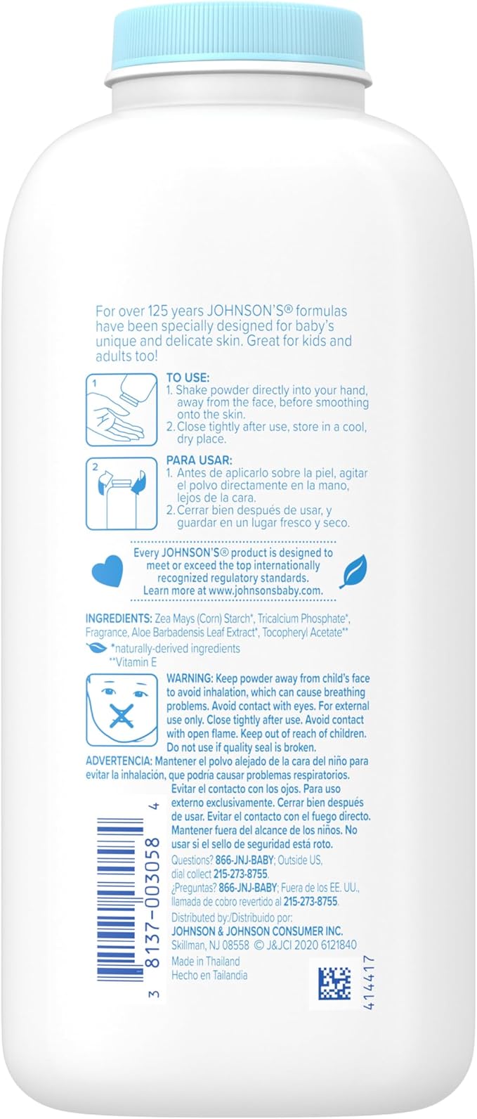 Johnson's Baby Powder with Naturally Derived Cornstarch, Aloe & Vitamin E for Delicate Skin, Hypoallergenic, Free of Parabens, Phthalates & Dyes for Gentle Baby Skin Care, 15 oz