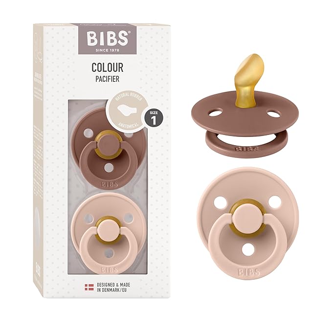BIBS Pacifiers - Set of 2 | Colour Pacifier with Anatomical Nipple | BPA-Free Natural Rubber | Made in Denmark | Blush/Woodchuck, 0-6 Months