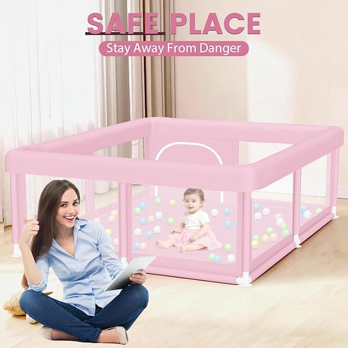 Large Baby Playpen 50"x50" Baby Girl Play Pen for Babies and Toddlers, Safe Structure and Soft, Skin-Friendly Fabric with Zipper Gates Pink